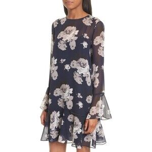 Theory Women Dress Blue Marah Distressed Floral Chiffon Mini A Line Boho Size 10